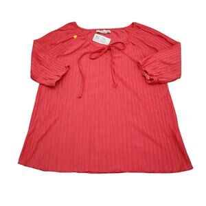 French Laundry Shirt Womens L Red Round Neck Key Hole Quarter Sleeve Blouse